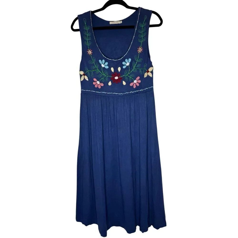 Caite Dress Blue Embroidered Soft Knit Empire Waist Size L Boho, Chic, Casual